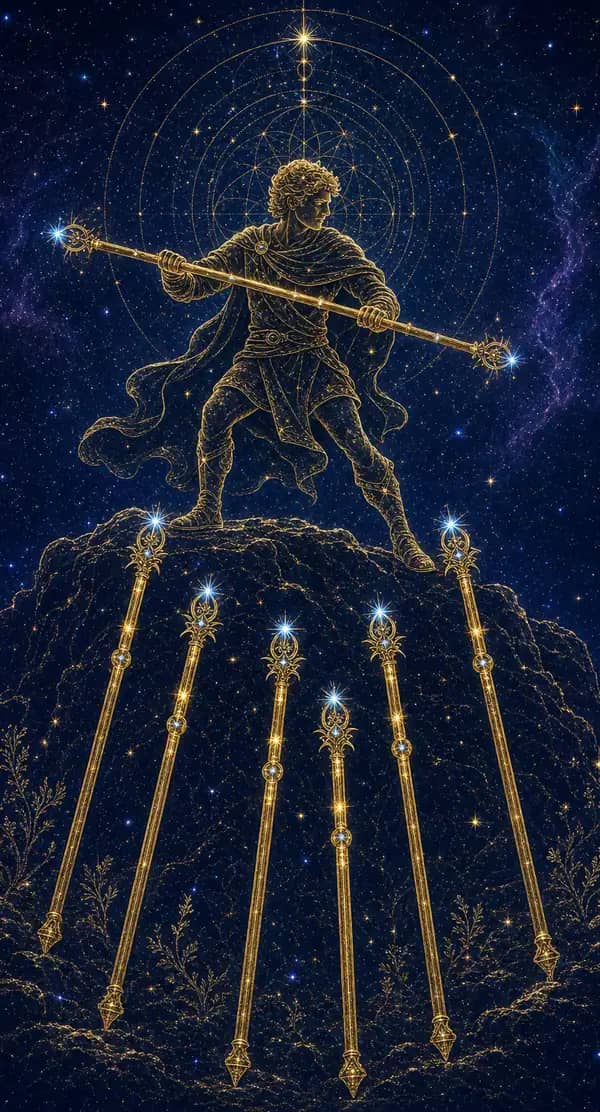 La carte Sept de Bâtons du jeu de tarot quantique