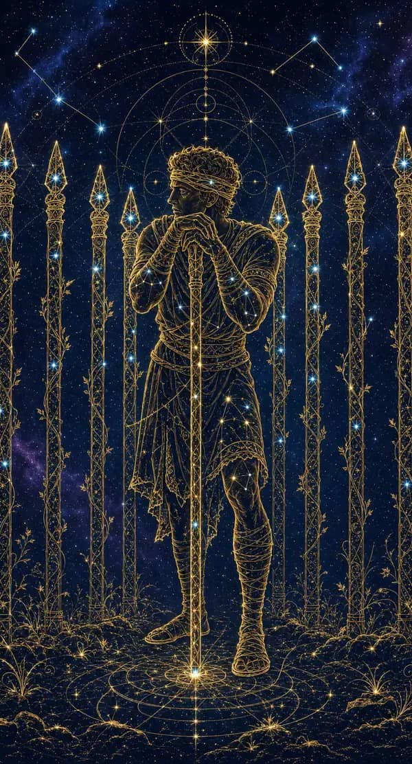 La carte Neuf de Bâtons du jeu de tarot quantique