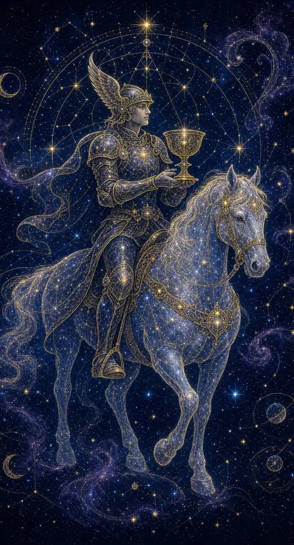 La carte Cavalier de Coupes du jeu de tarot quantique