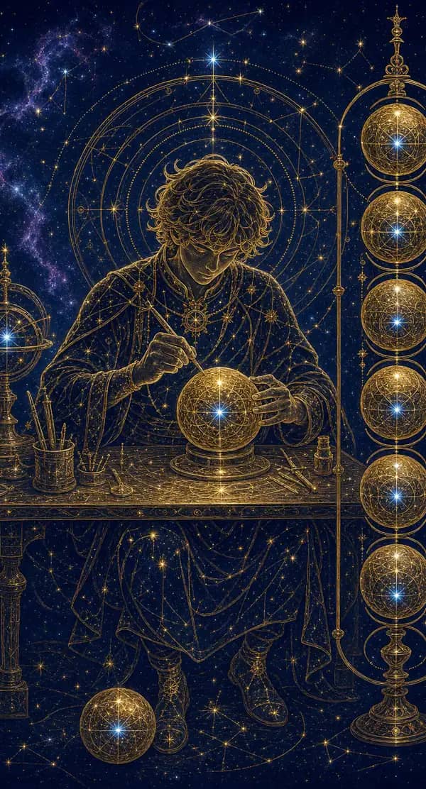 La carte Huit de Deniers du jeu de tarot quantique
