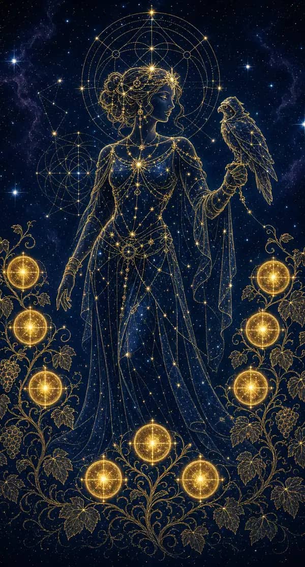 La carte Neuf de Deniers du jeu de tarot quantique