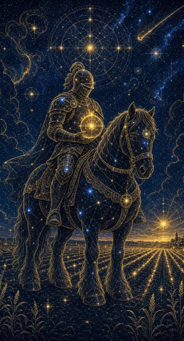 La carte Cavalier de Deniers du jeu de tarot quantique