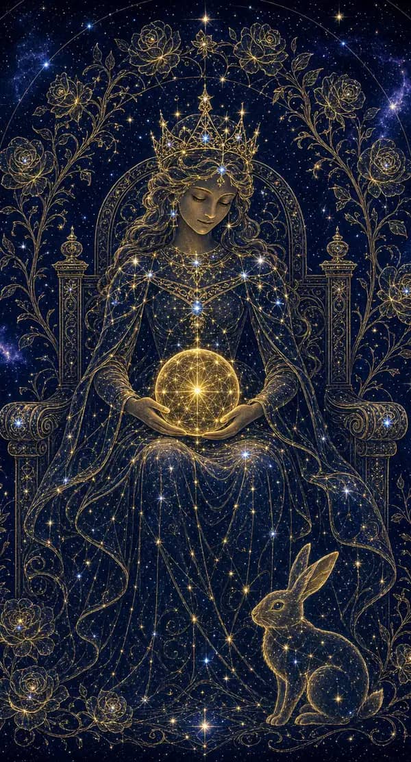 La carte Reine de Deniers du jeu de tarot quantique