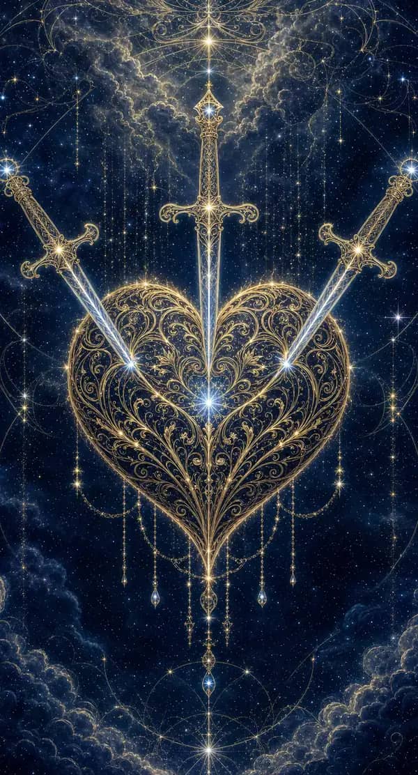 La carte Trois d'Épées du jeu de tarot quantique