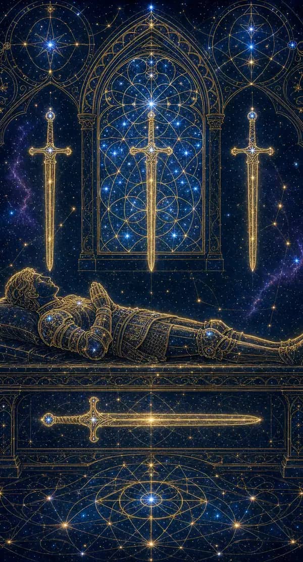 La carte Quatre d'Épées du jeu de tarot quantique