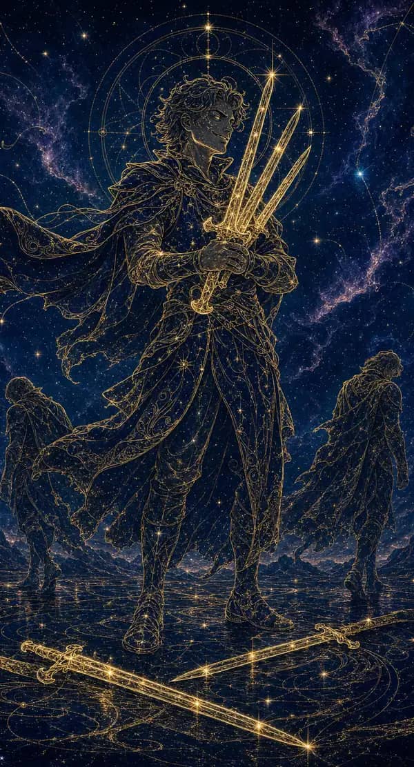 La carte Cinq d'Épées du jeu de tarot quantique