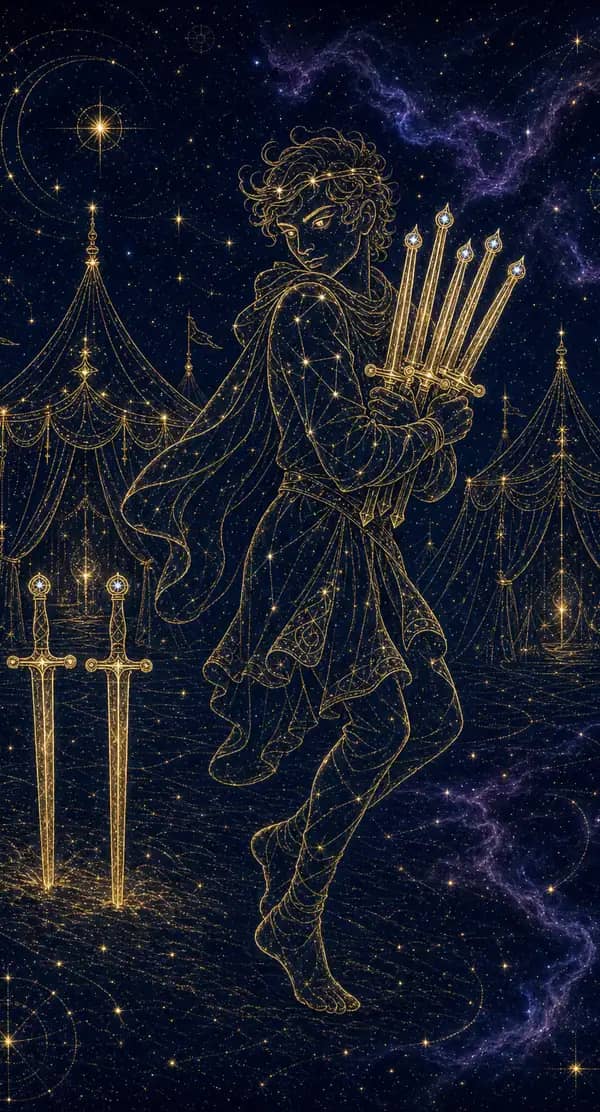 La carte Sept d'Épées du jeu de tarot quantique