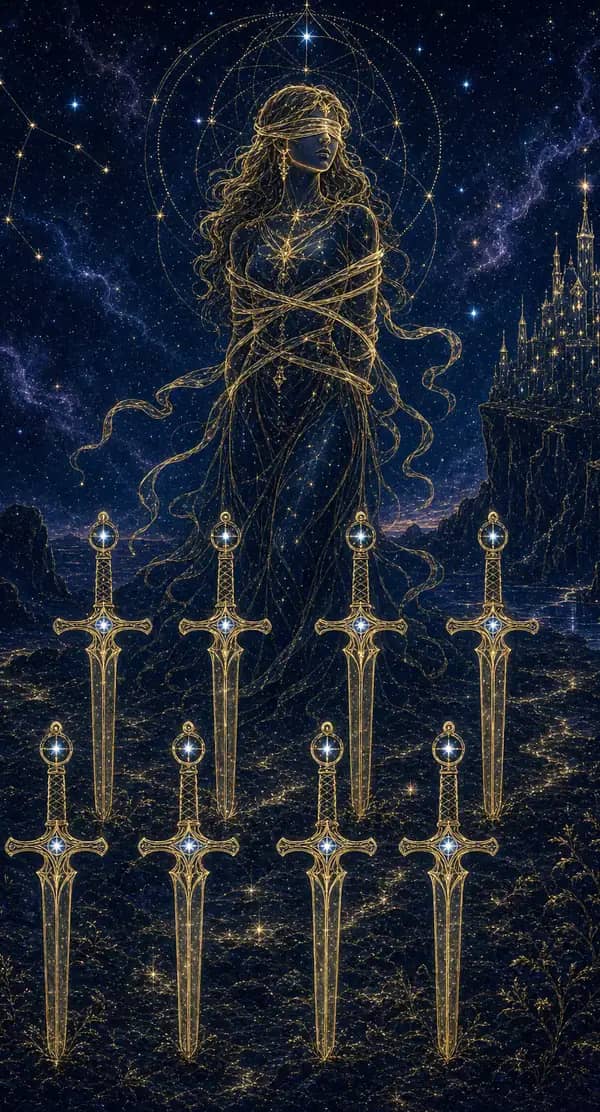 La carte Huit d'Épées du jeu de tarot quantique