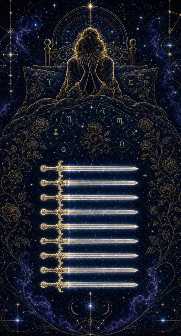 La carte Neuf d'Épées du jeu de tarot quantique